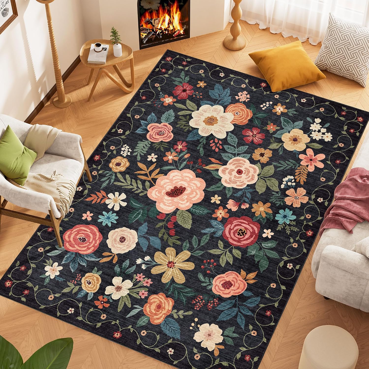 Detalle 2 de DUKINO 5x7 Floral Area Rug, Low Pile Black ๐