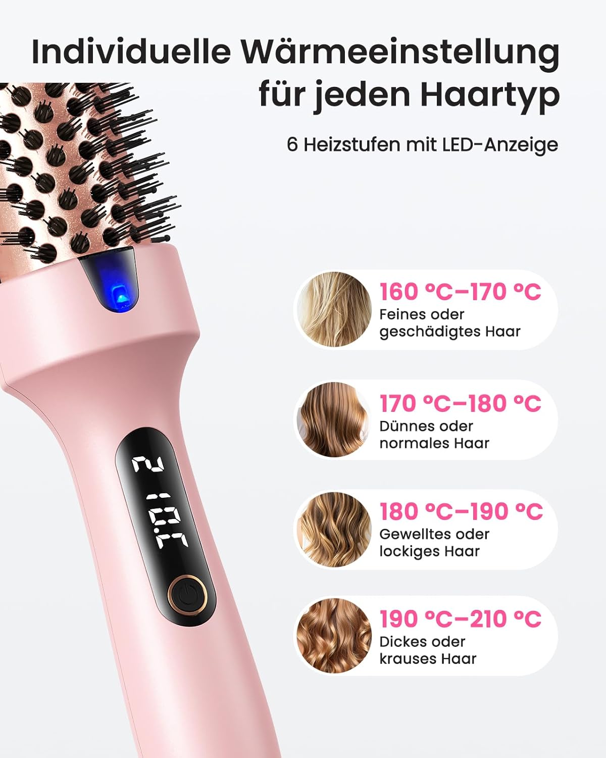 Detalle de Haokoo Thermal Brush 38 mm – Thermobürste mit 6 Temperaturstufen, Ionentechnologie und Reise-Doppelspannung
