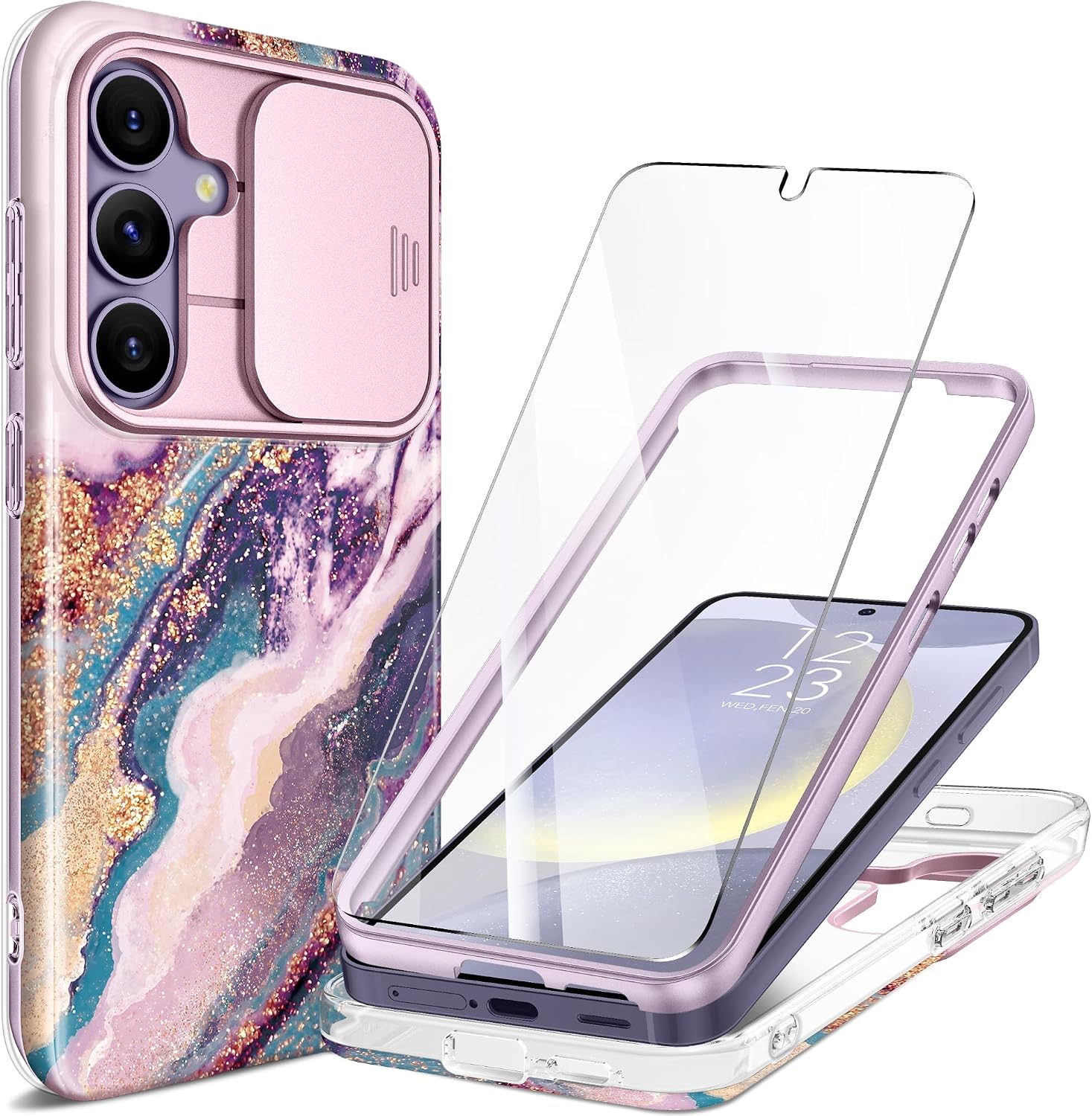 Detalle de GVIEWIN Marble Case with Slide Camera Cover for Samsung Galaxy S24 (6.2") – Purple Dreamland River