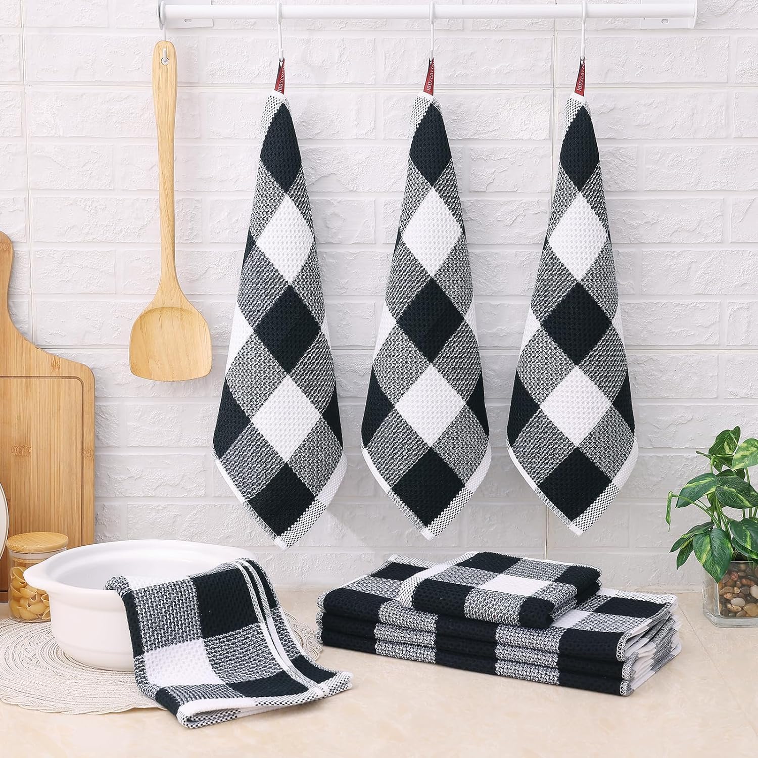 Detalle 2 de Homaxy 10-Piece Kitchen Towels & Dishcloths Set: 12x12 and 13x28 Inches in White & Black