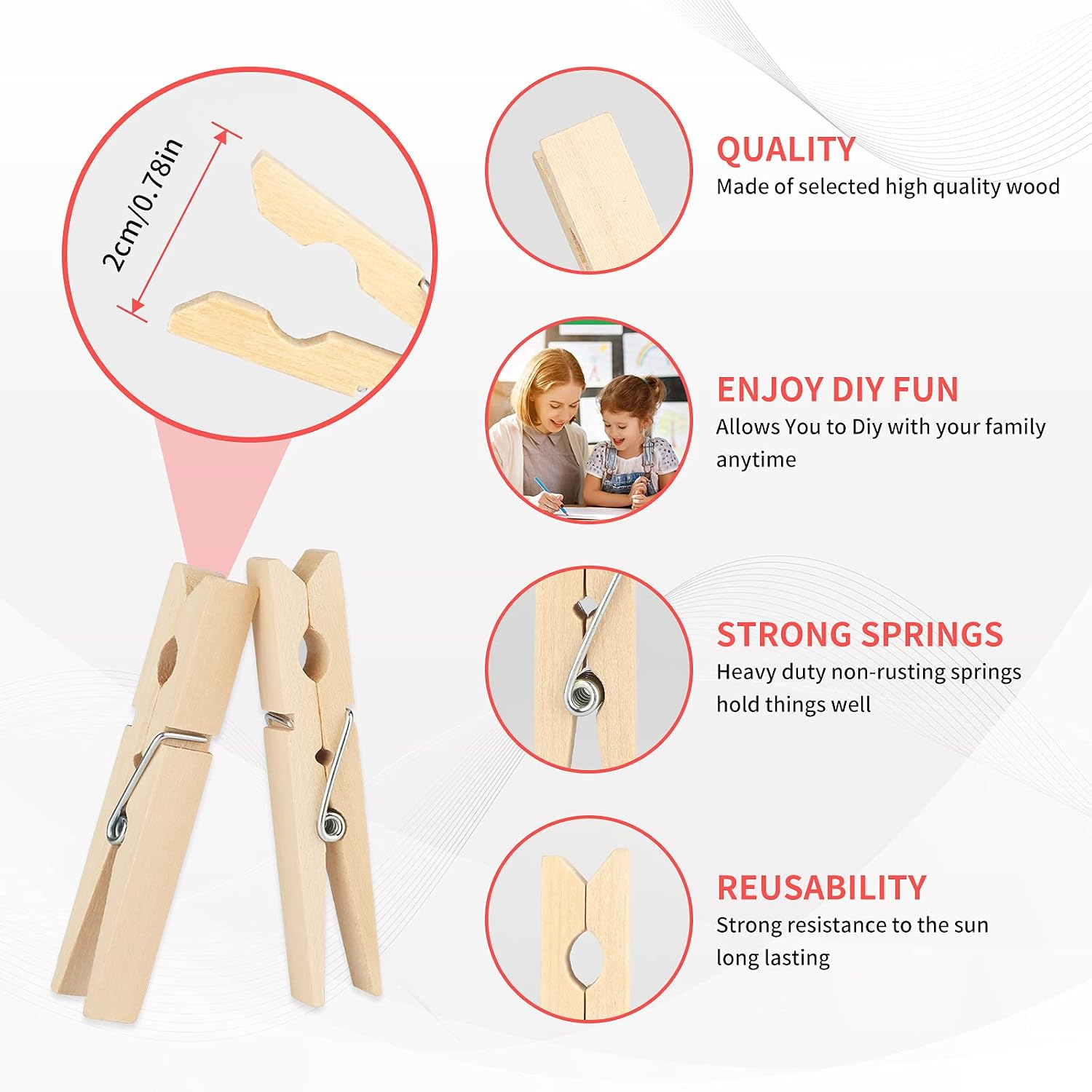 Detalle de jijAcraft 100Pcs Wooden Pegs 7.2cm – Durable, Plastic-Free Clothes Pins for Laundry, Crafts and DIY
