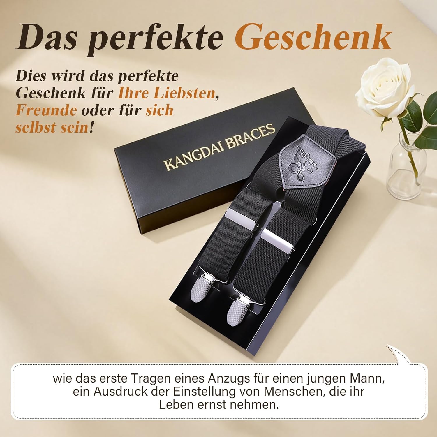 Detalle 2 de KANGDAI Herren Hosenträger mit 4 Clips aus echtem Leder und elastischen Trägern