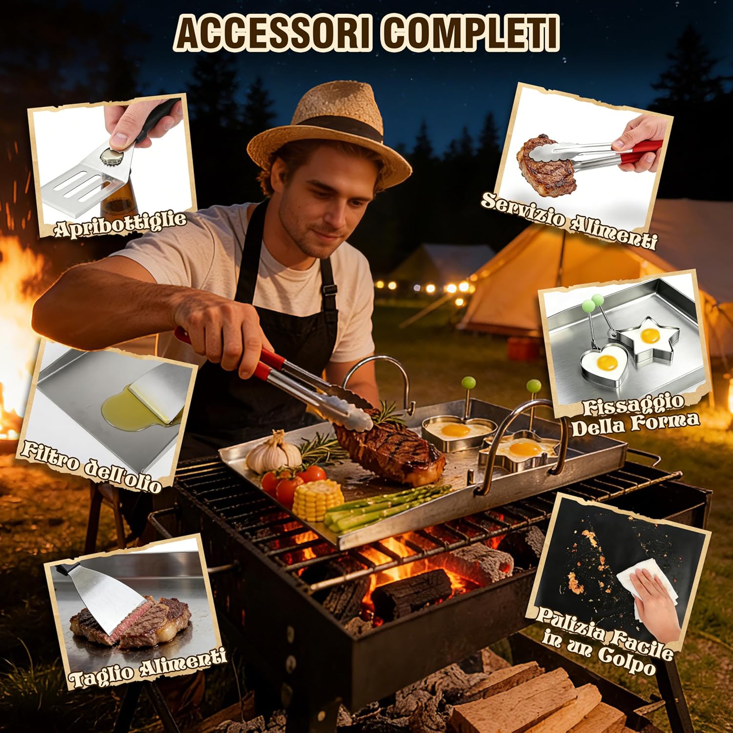 Detalle 2 de JONRRYIN Piastra in Acciaio Inox 40 × 30 cm per BBQ a Gas o Carbone con 2 Spatole e Manico Rimovibile