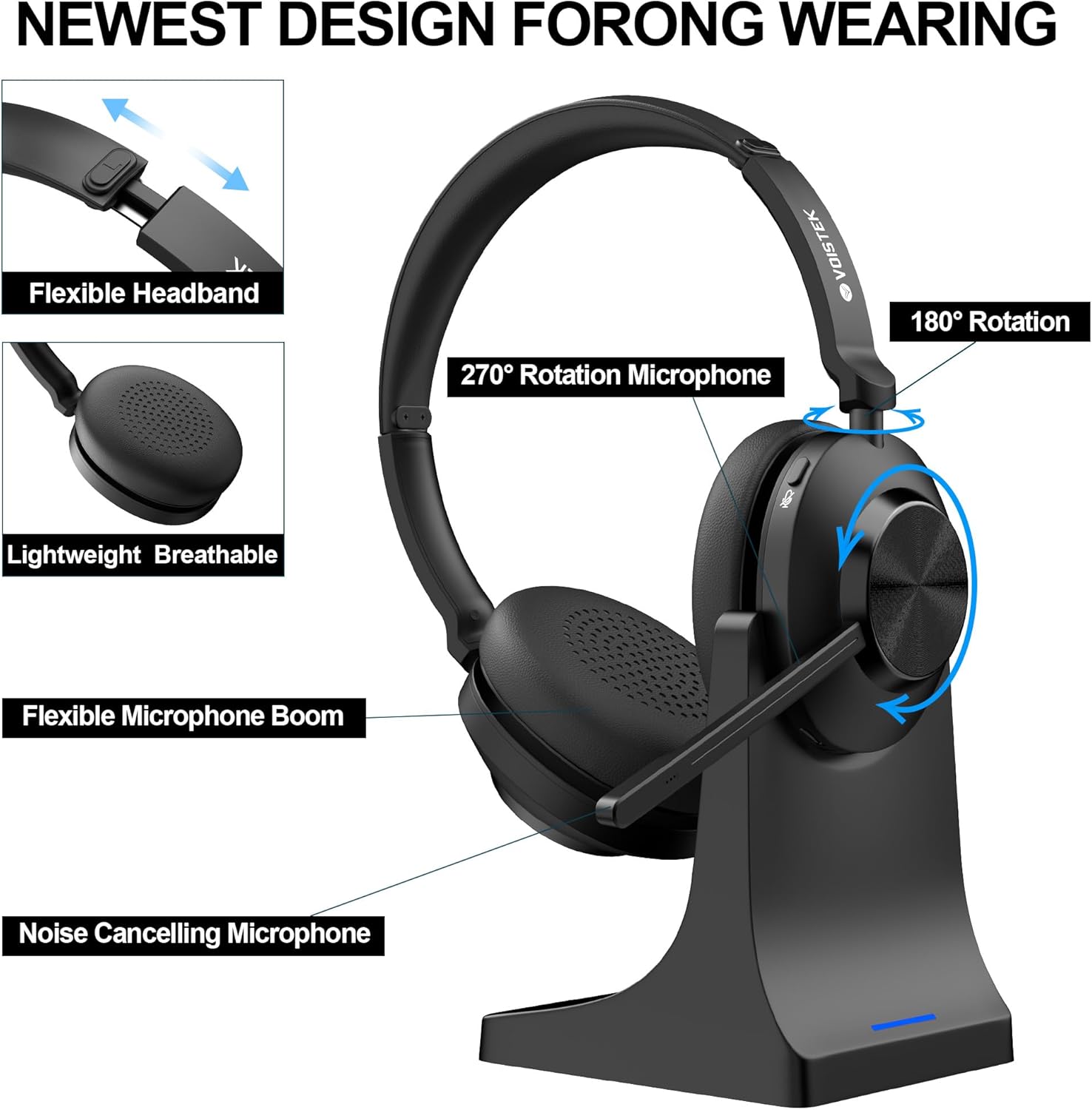 Thumbnail 3 de Voistek Wireless Headset with Microphone and USB Dongle – 50H Battery, AI Noise Cancelling Mic, USB Dongle & Charging Dock