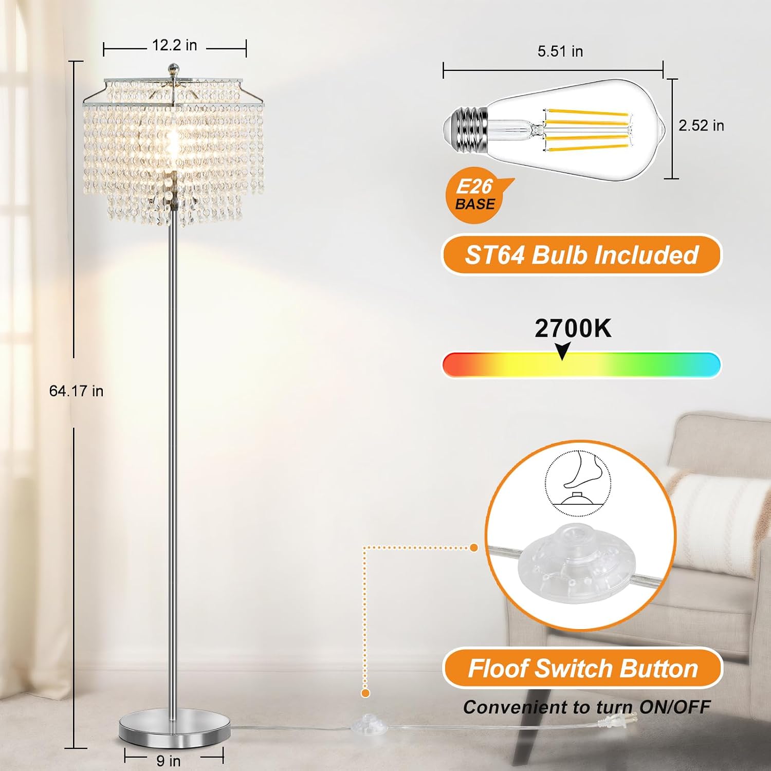 Thumbnail 3 de Luvkczc T00067 Crystal Floor Lamp, Silver Crystal Shade, 8W LED