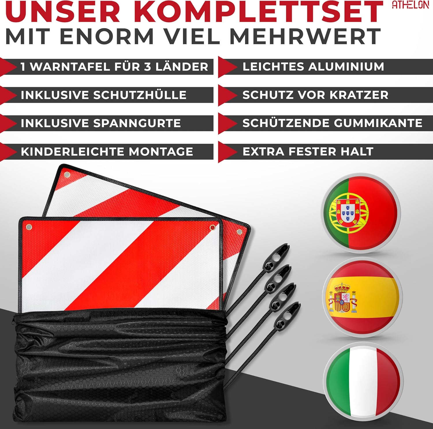 Thumbnail 6 de ATHELON® 3in1 Warntafel für Italien, Spanien & Portugal – reflektierendes Warnschild inkl. 4 Spanngurte & Schutzhülle
