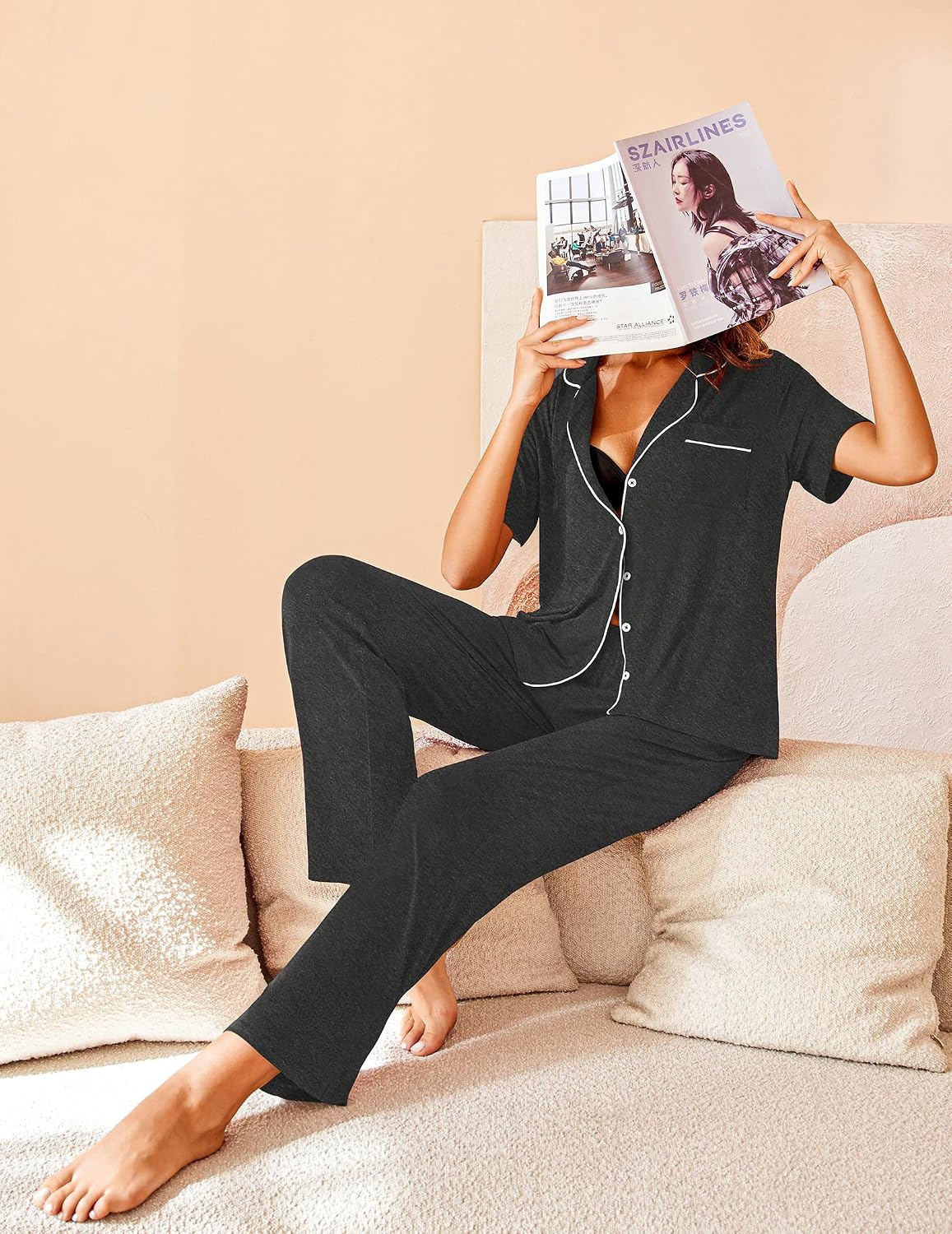 Detalle de Avidlove Women's Pajama Set, Short-Sleeve Button-Down Top and Long Pants