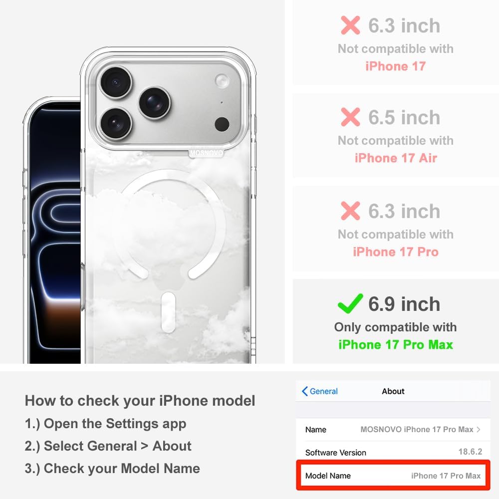 Detalle de MOSNOVO Case for iPhone 17 Pro Max — Clear with Cloud Design, MagSafe Compatible
