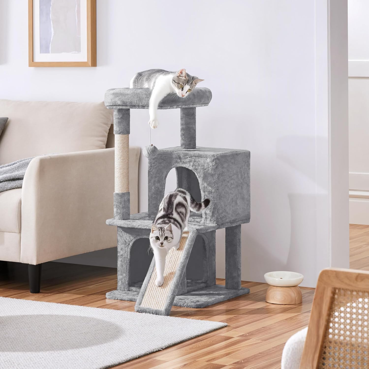 Thumbnail 6 de Yaheetech Cat Tree (92cm) Multilevel Cat Tower with Double Condo, Scratching Posts & Dangling Ball