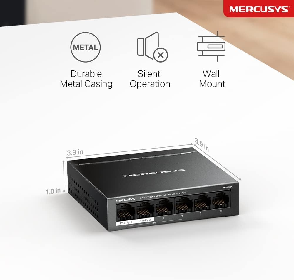 Detalle de MERCUSYS MS106LP 6-Port PoE+ Network Switch (4 PoE+ Ports) – 10/100 Mbps, Metal Case, Plug and Play