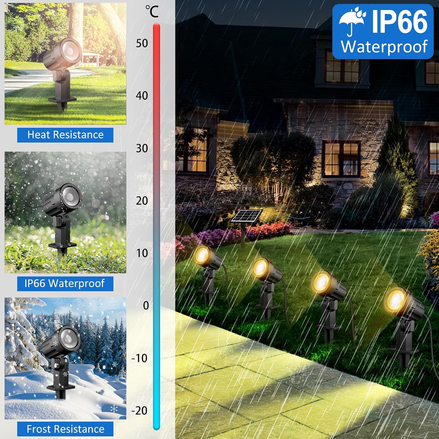 Detalle de Linke Solar Spot Lights Outdoor Garden (4 in 1) 3000K Warm White LED, IP66 waterproof landscape spotlights