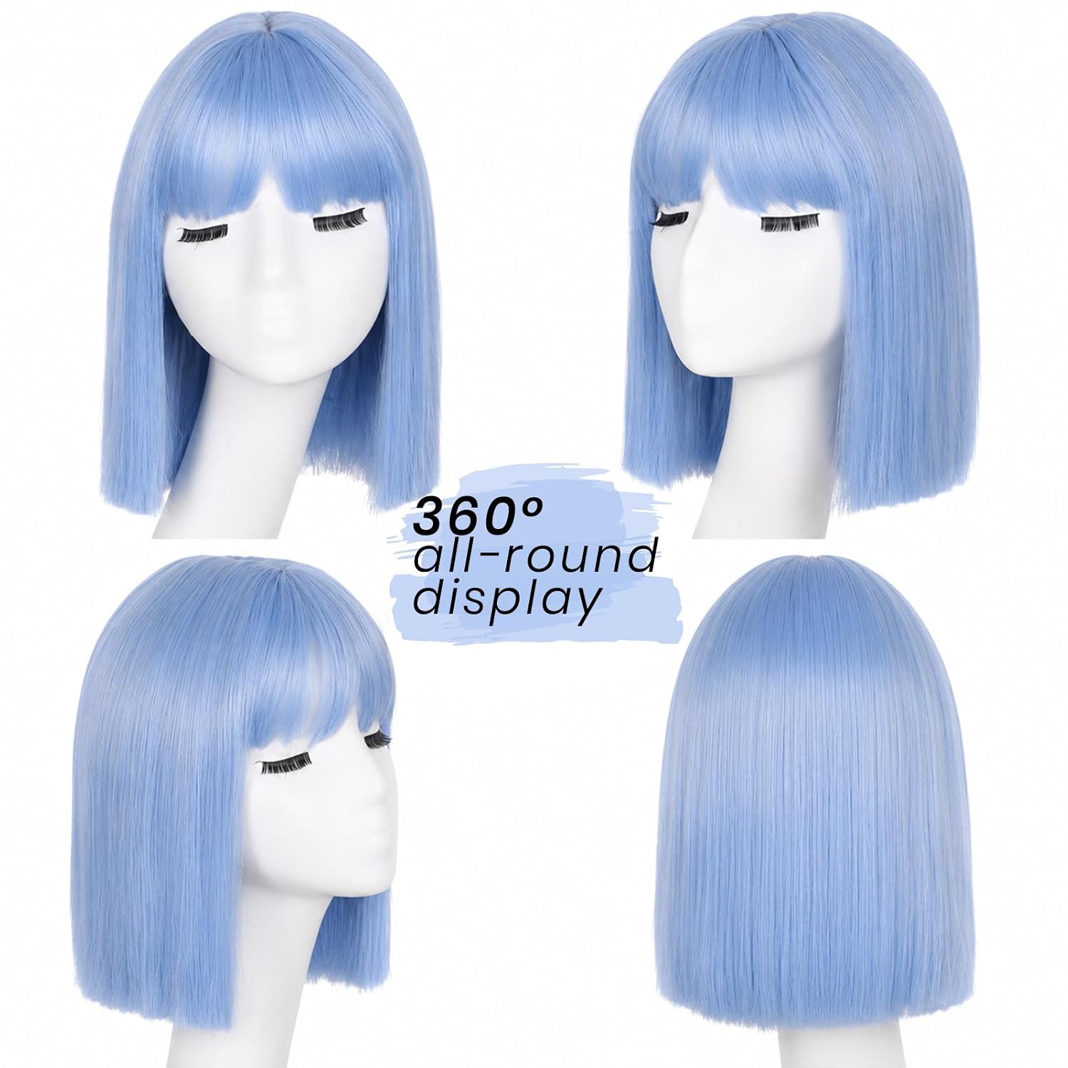 Detalle de SUKRI Light Blue Bob Wig with Bangs (12 Inch) – Short Straight Blue Wig for Women