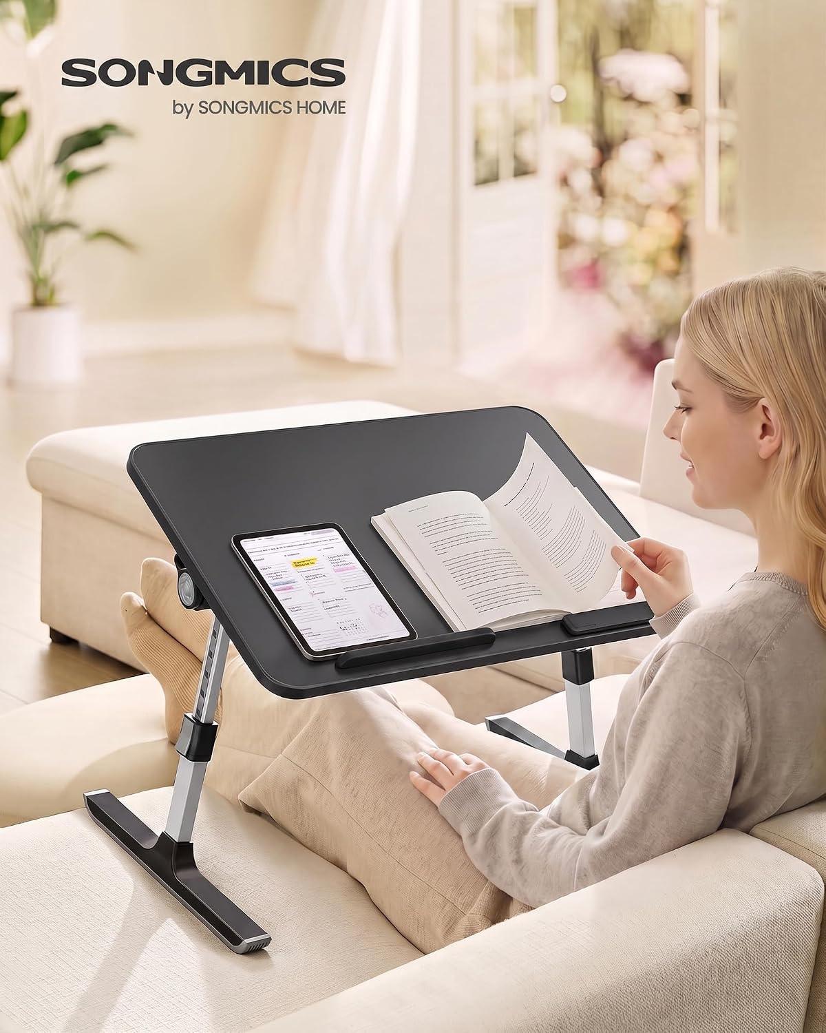 Detalle de SONGMICS ULLD117B101 Adjustable Bed Desk, 6 Heights, 120° Tilt
