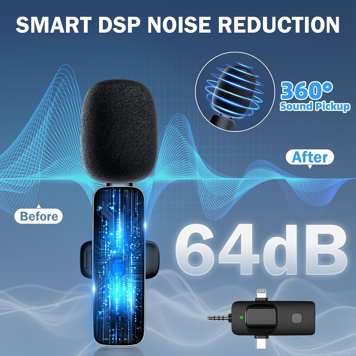 Detalle de SURPN Micrófono Inalámbrico de Solapa Plug-Play para iPhone y Android (lavalier mini) de 2,4 GHz