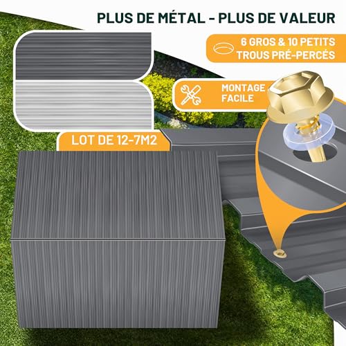Detalle de KESSER® 12 plaques de tôle profilée trapézoïdale 129 cm x 45 cm – 7 m², acier galvanisé 0,25 mm, gants de montage