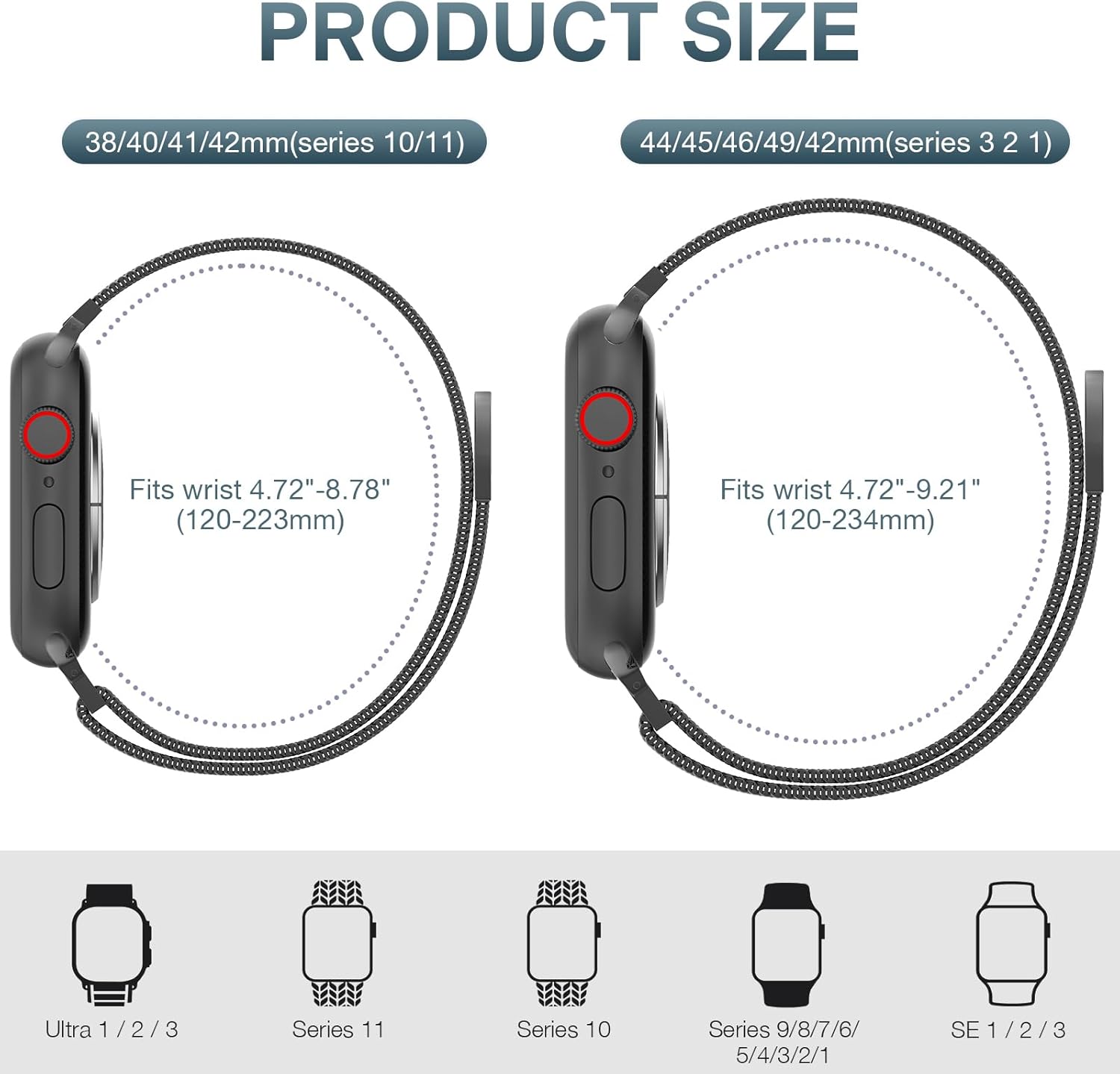 Detalle 2 de OULUOQI Classic semicircle Strap Stainless Steel Mesh Apple Watch Band, Black