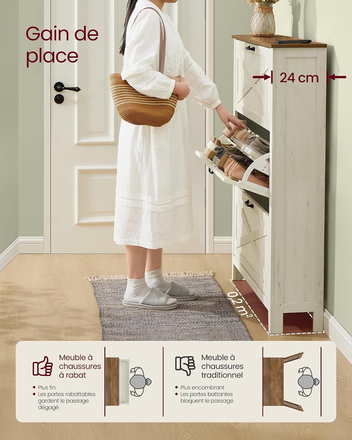 Detalle 2 de Meuble à chaussures VASAGLE LIRY 3 abattants, 18 à 24 paires