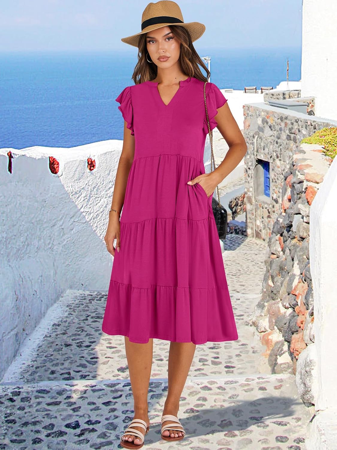 Detalle 2 de ANRABESS Women's Summer Dress with Ruffle Sleeves – V-Neck Midi Boho Floral/Solid