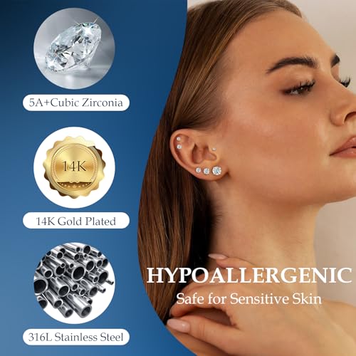 Detalle de Sweetkiki 6 Pairs Gold Stud Earrings Set – Hypoallergenic Stainless Steel with Cubic Zirconia