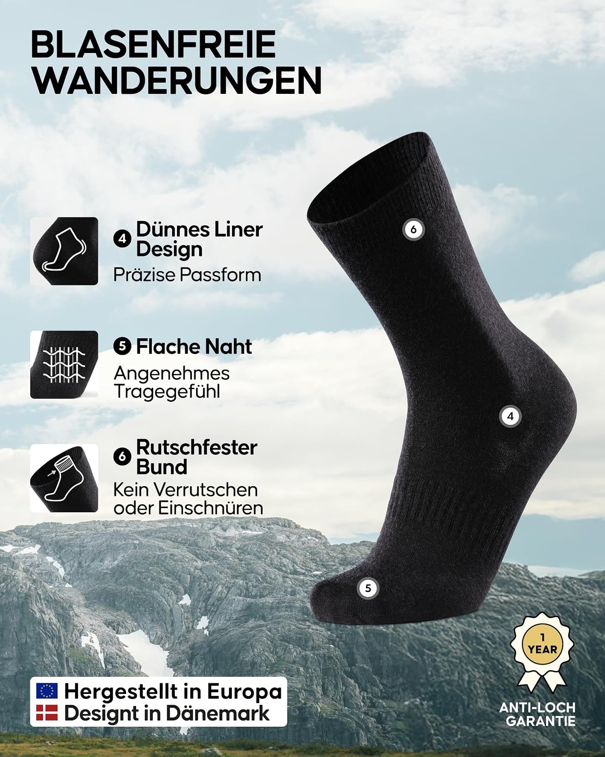 Detalle de DANISH ENDURANCE Merino Liner Wandersocken 2 Paar