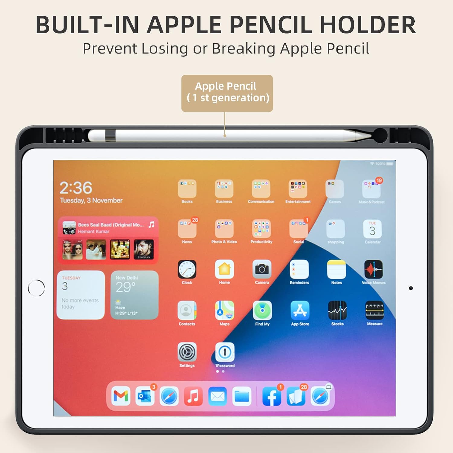 Detalle 2 de Akkerds iPad Case for 10.2-Inch 7th–9th Gen, Black, Pencil Holder & Tri-Fold Stand