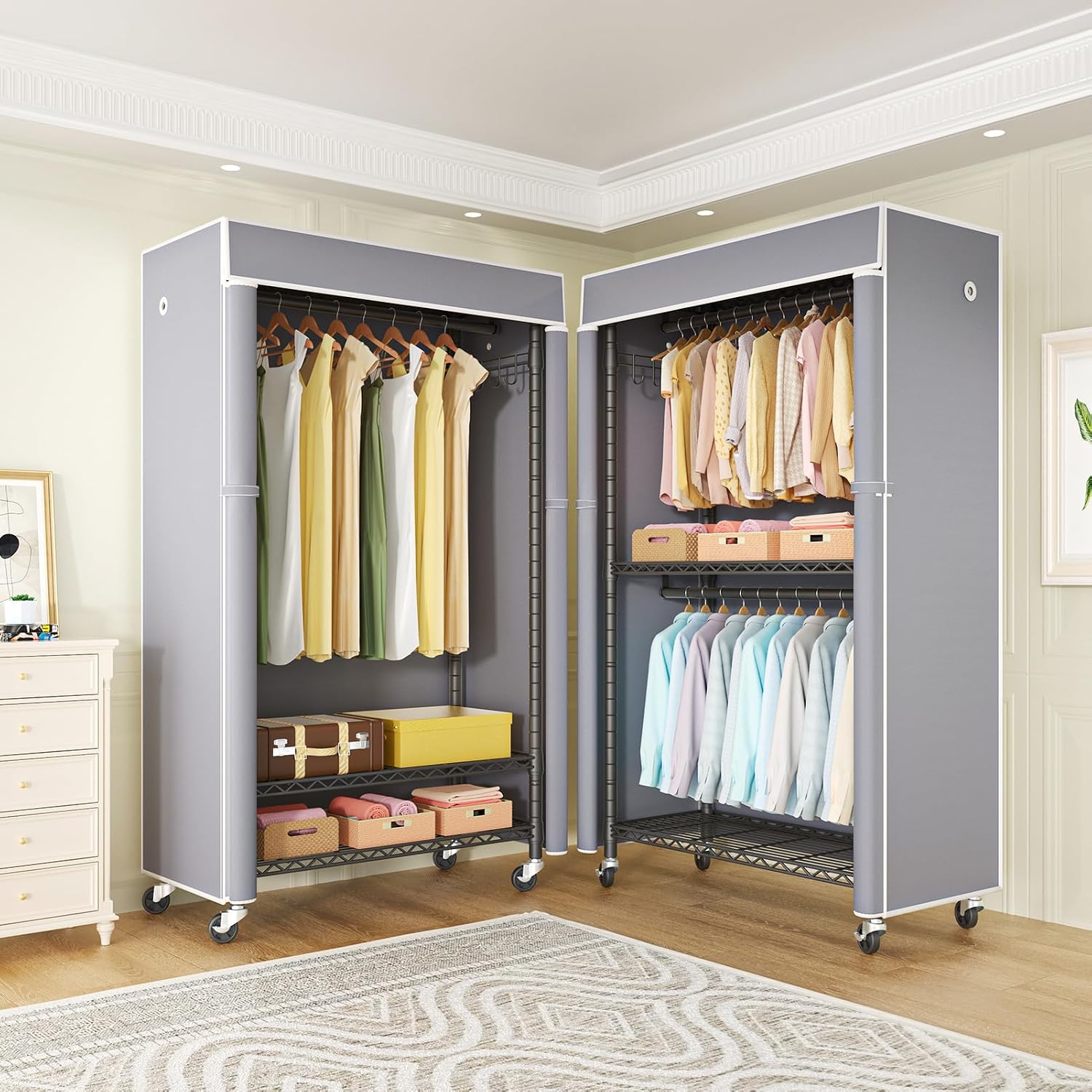 Detalle 2 de FUTASSI P1C Covered Clothing Rack with Gray Cover, Shelves and Wheels