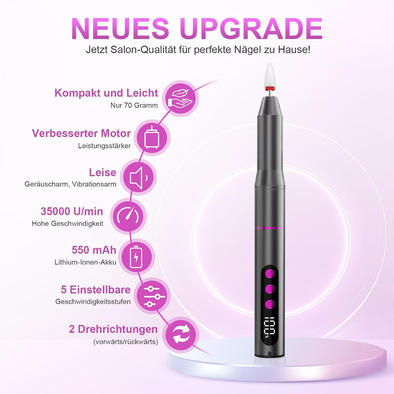 Thumbnail 1 de POFIBO kabellose elektrische Nagelfeile (Nagelfräser) – 35.000 U/min, 5 Geschwindigkeiten, 12-in-1 Set in Rosa