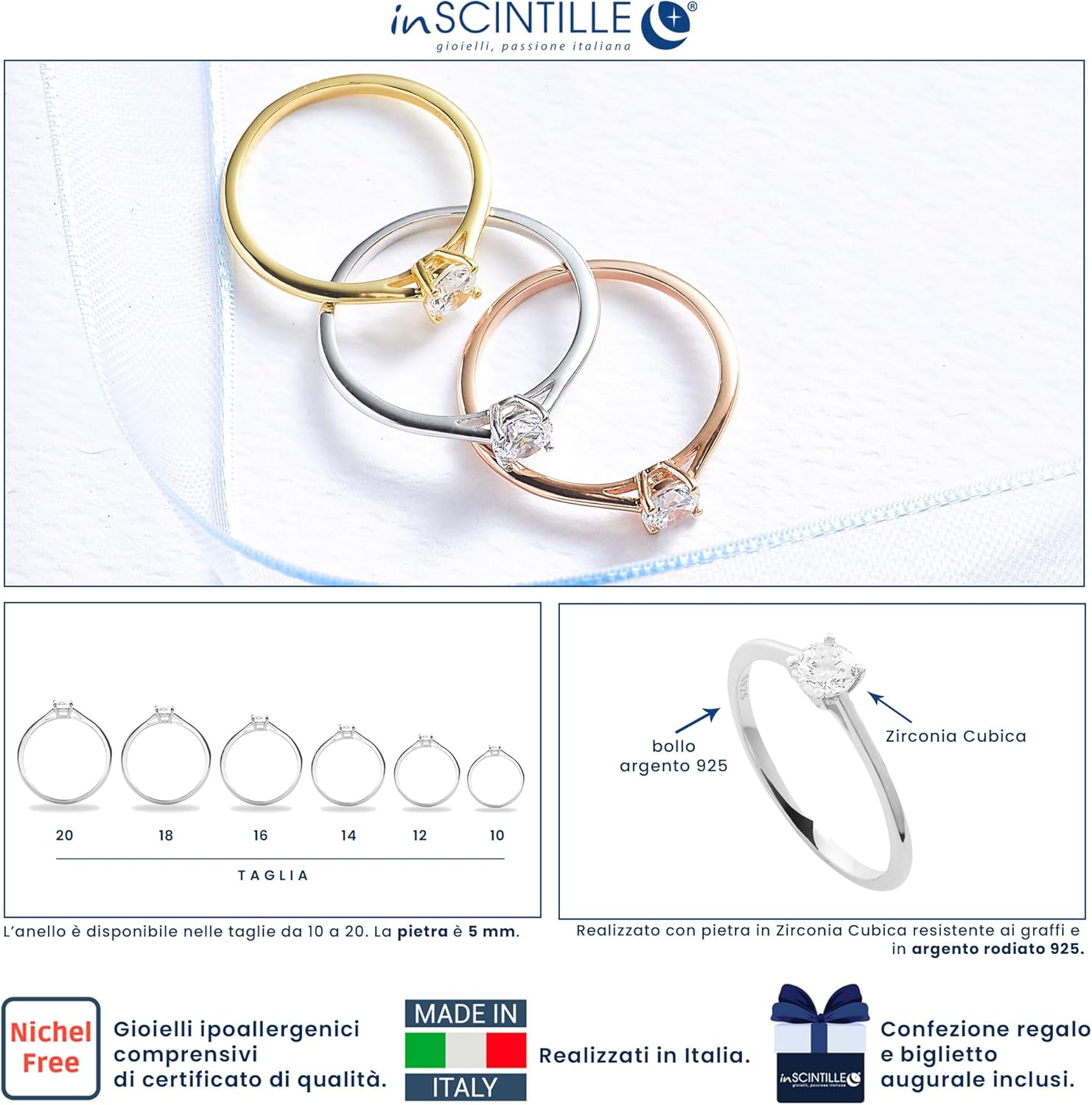 Detalle de Anello Solitario Donna in Argento 925 con Zirconia Cubica di inSCINTILLE – Confezione regalo inclusa