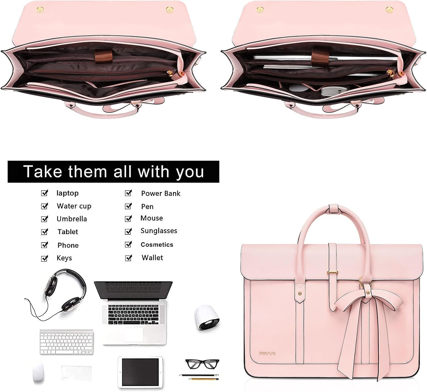 Thumbnail 3 de MOSISO Laptoptasche Damen 17–17,3 Zoll aus PU-Leder – flexibel als Schultertasche, Handtasche oder Rucksack (Rosa)