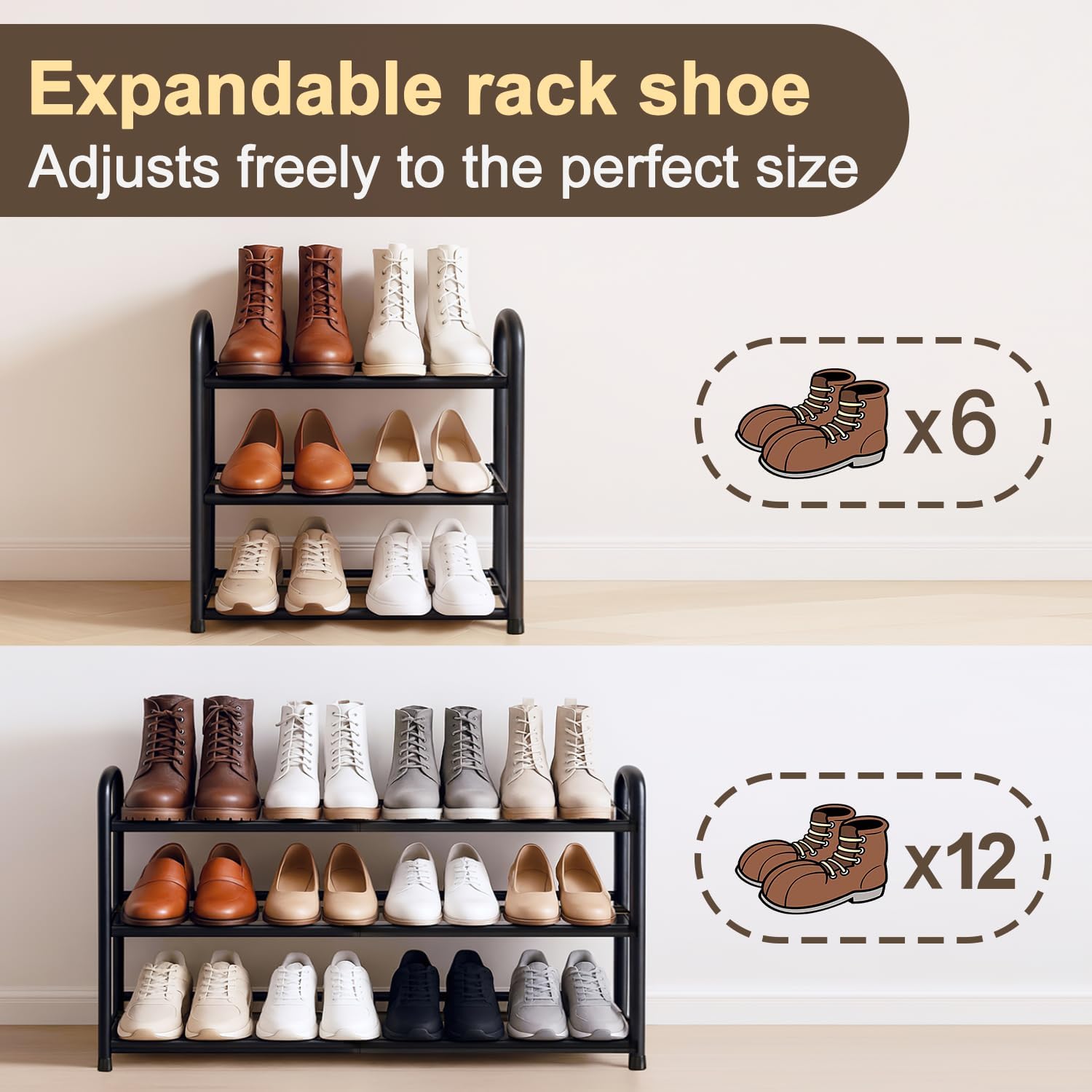 Thumbnail 5 de MIKVOYO 3-Tier Extendable Shoe Rack – Black Metal, Adjustable to Suit Small Spaces
