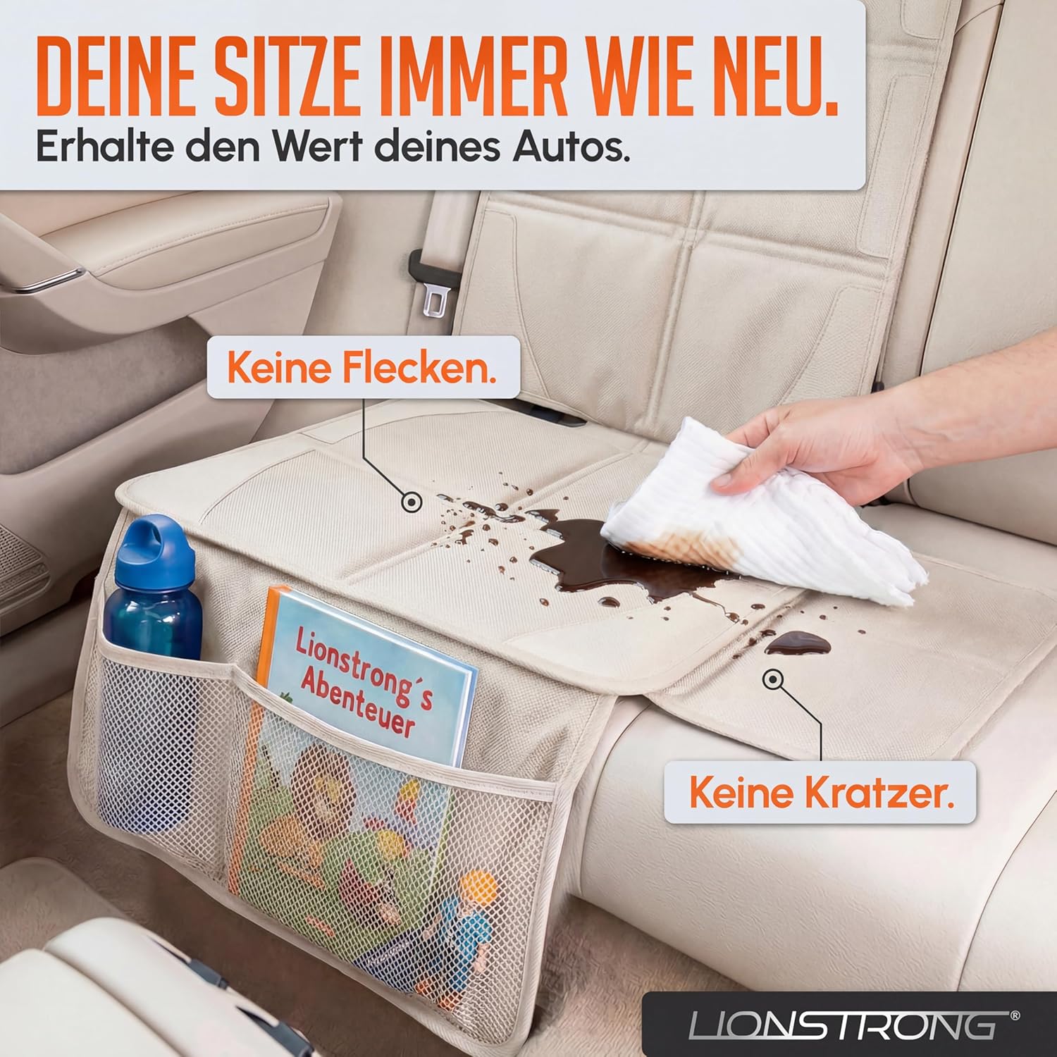 Detalle de LIONSTRONG Kindersitzunterlage mit ISOFIX-Eignung – wasserabweisender Polyester, cremeweiß