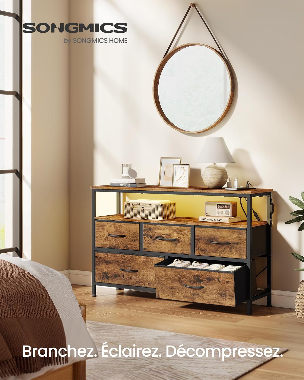 Detalle de SONGMICS BELLAH LGS723KD01 commode met ledverlichting, 5 stoffen lades en stopcontacten