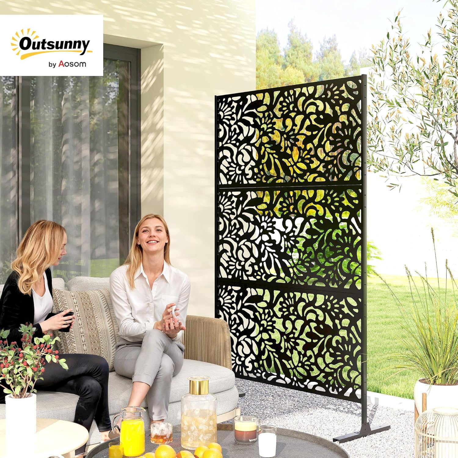 Thumbnail 1 de Outsunny Panneau Brise Vue décoratif Extérieur – Claustra Floral 3 Panneaux, Noir, 122 x 45 x 198 cm