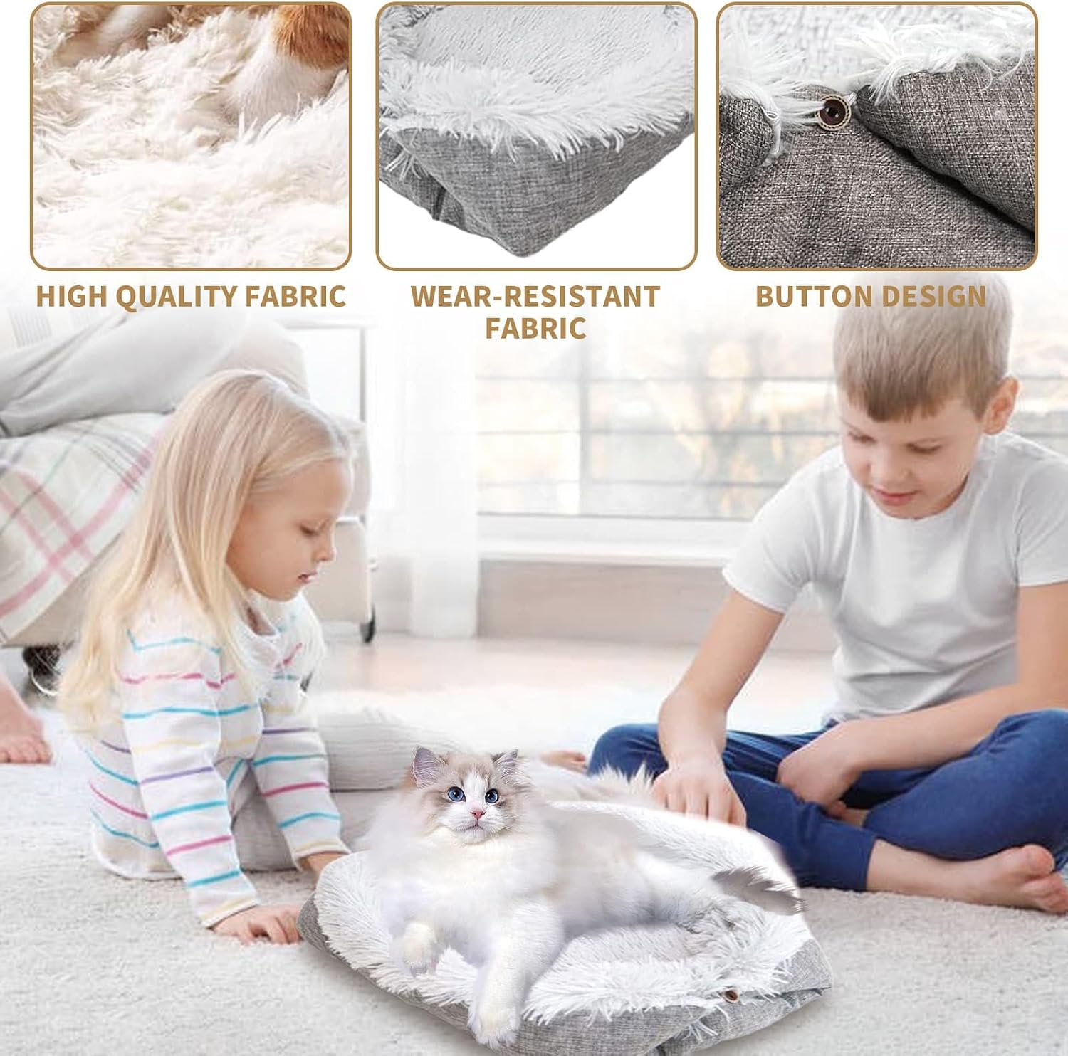 Detalle de Self-Warming Cat and Dog Mat - Fluffy Plush Bed Nest with Foldable Heating Cushion (Gray, 61x51cm)