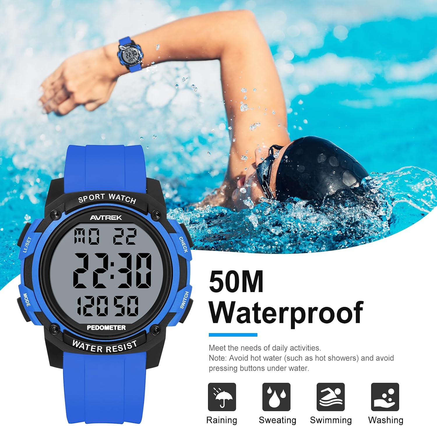 Thumbnail 3 de AVTREK Waterproof Pedometer Watch Step Counter (LCD large numbers, no app/Bluetooth required)