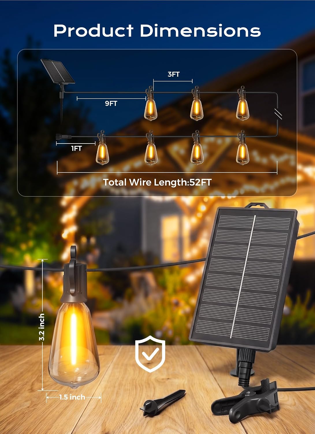 Detalle 2 de Brightown 52FT Solar String Lights Outdoor Waterproof – 26Hrs Runtime
