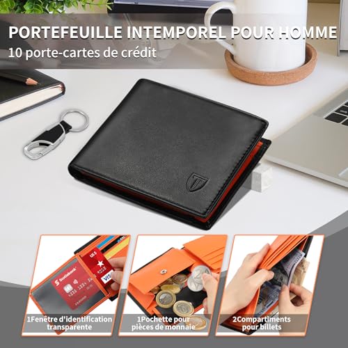 Detalle de TEEHON Portefeuille Homme en Cuir Véritable RFID – Portefeuille mince tri-fold avec 10 cartes, 2 compartiments billets et porte-clés, noir/orange