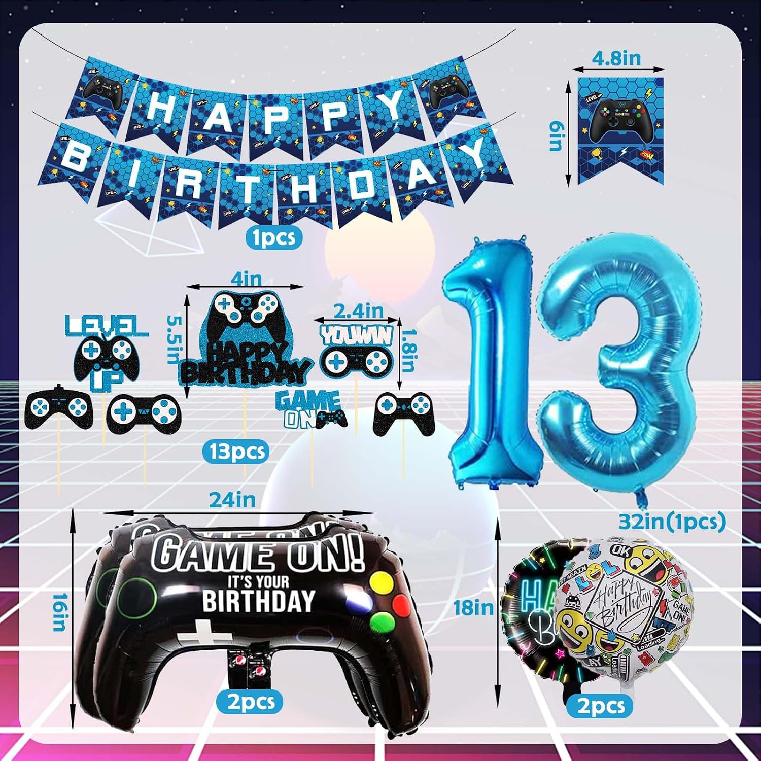 Thumbnail 2 de Betensh 13. Geburtstag Junge Videospiel Tortendeko-Set – Blaue Ballons, Gamepad-Motiv und 13er Zahl