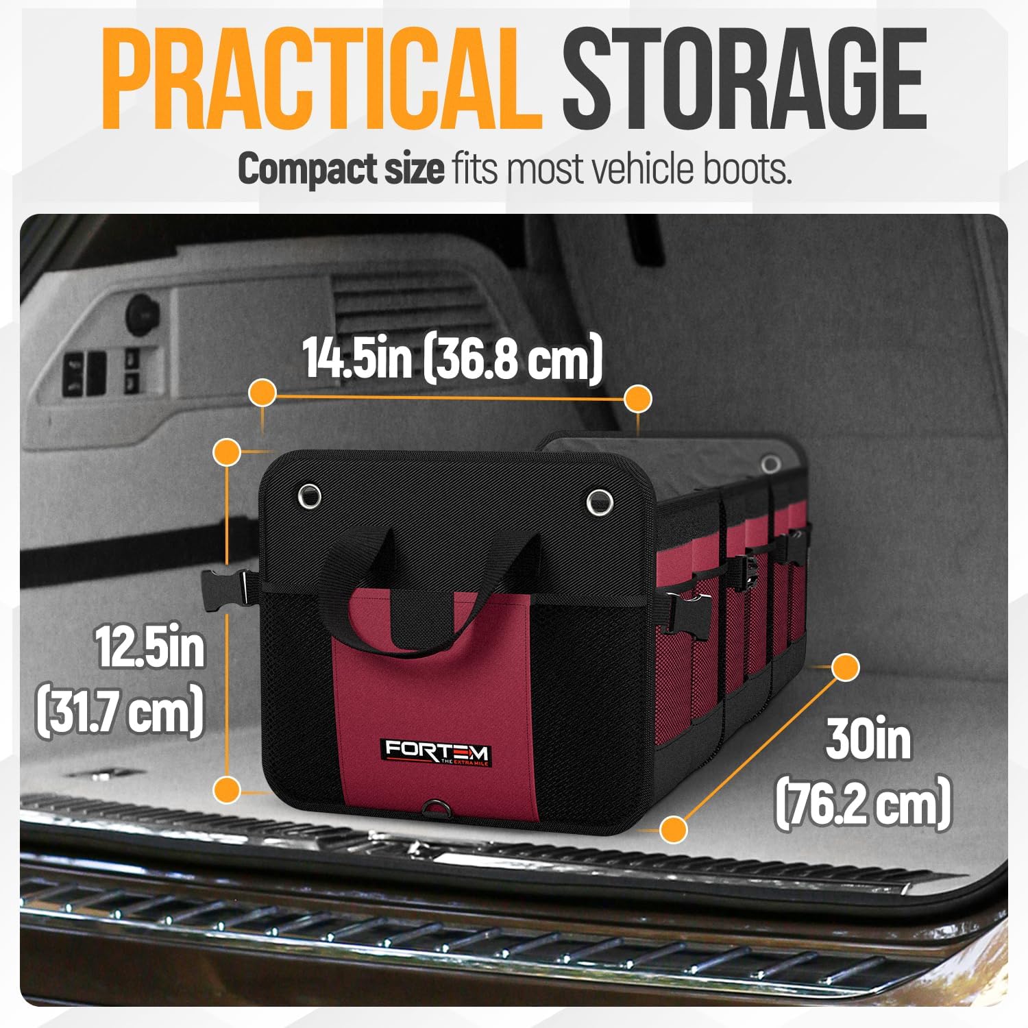 Detalle de FORTEM Car Boot Organiser (90L) – SUV boot tidy with collapsible, multi-compartment storage