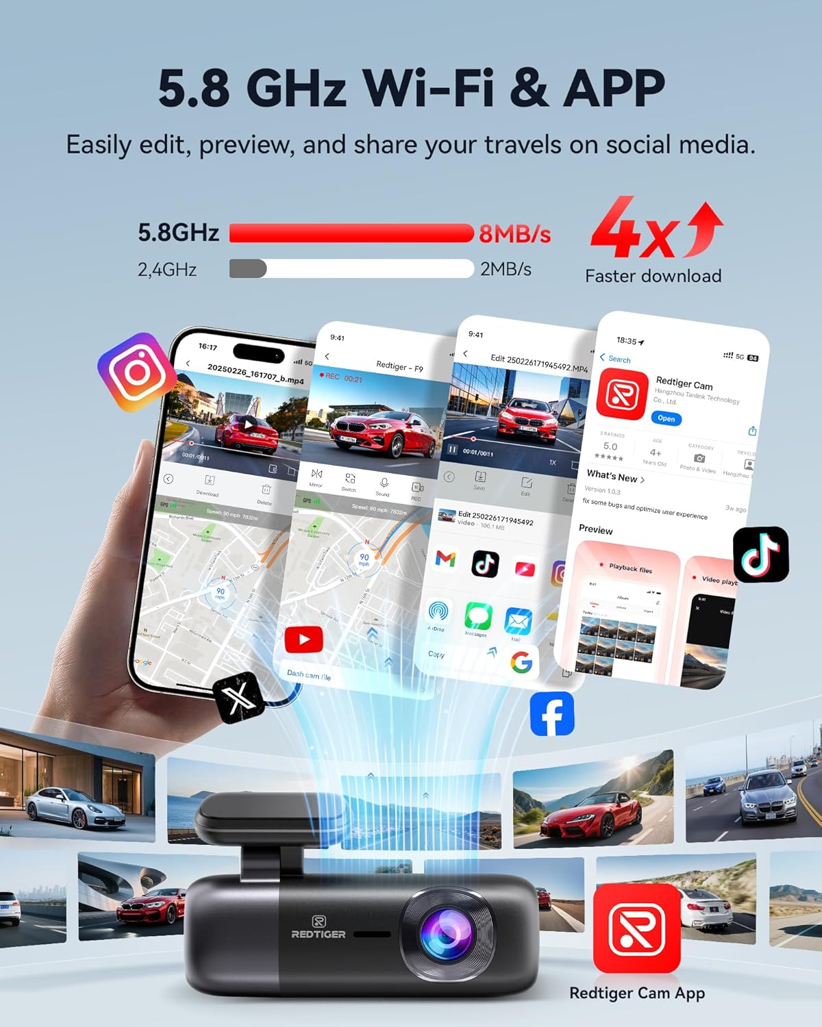 Thumbnail 3 de REDTIGER F9 Dash Cam 4K Front + 1080P Rear: Dual Recording with 5.8GHz WiFi, GPS and App Control