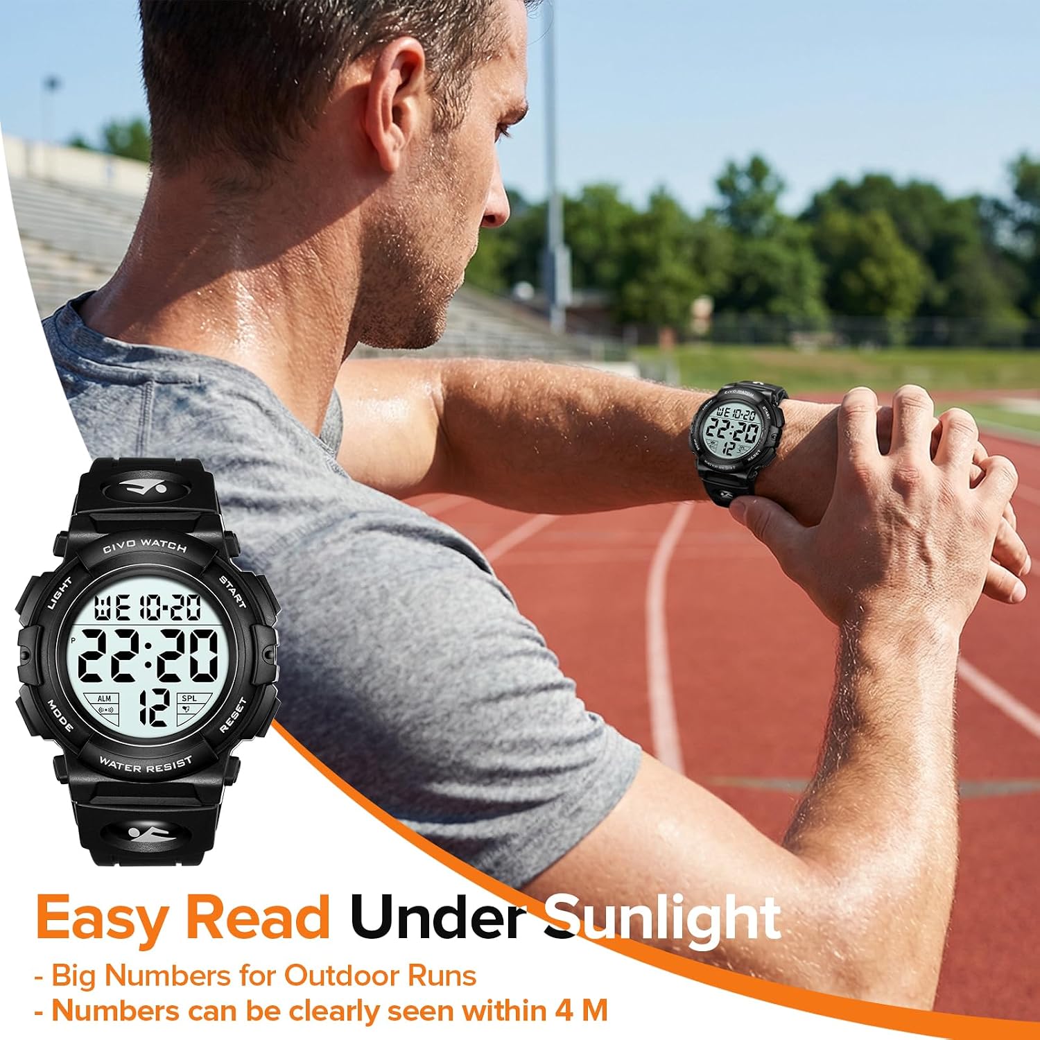 Detalle de CIVO Mens Digital Sports Watch with Military-Style Big Numbers, 50m Waterproof & LED Backlight