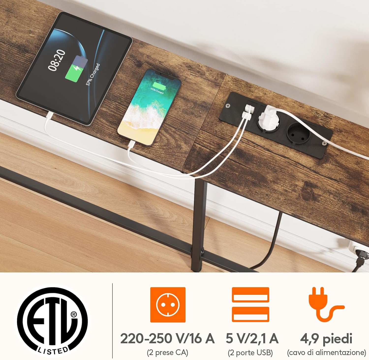 Detalle de Lifewit Consolle Stretta 180 cm con 2 prese e 2 porte USB, tavolo da divano 180x20x80 cm marrone rustico