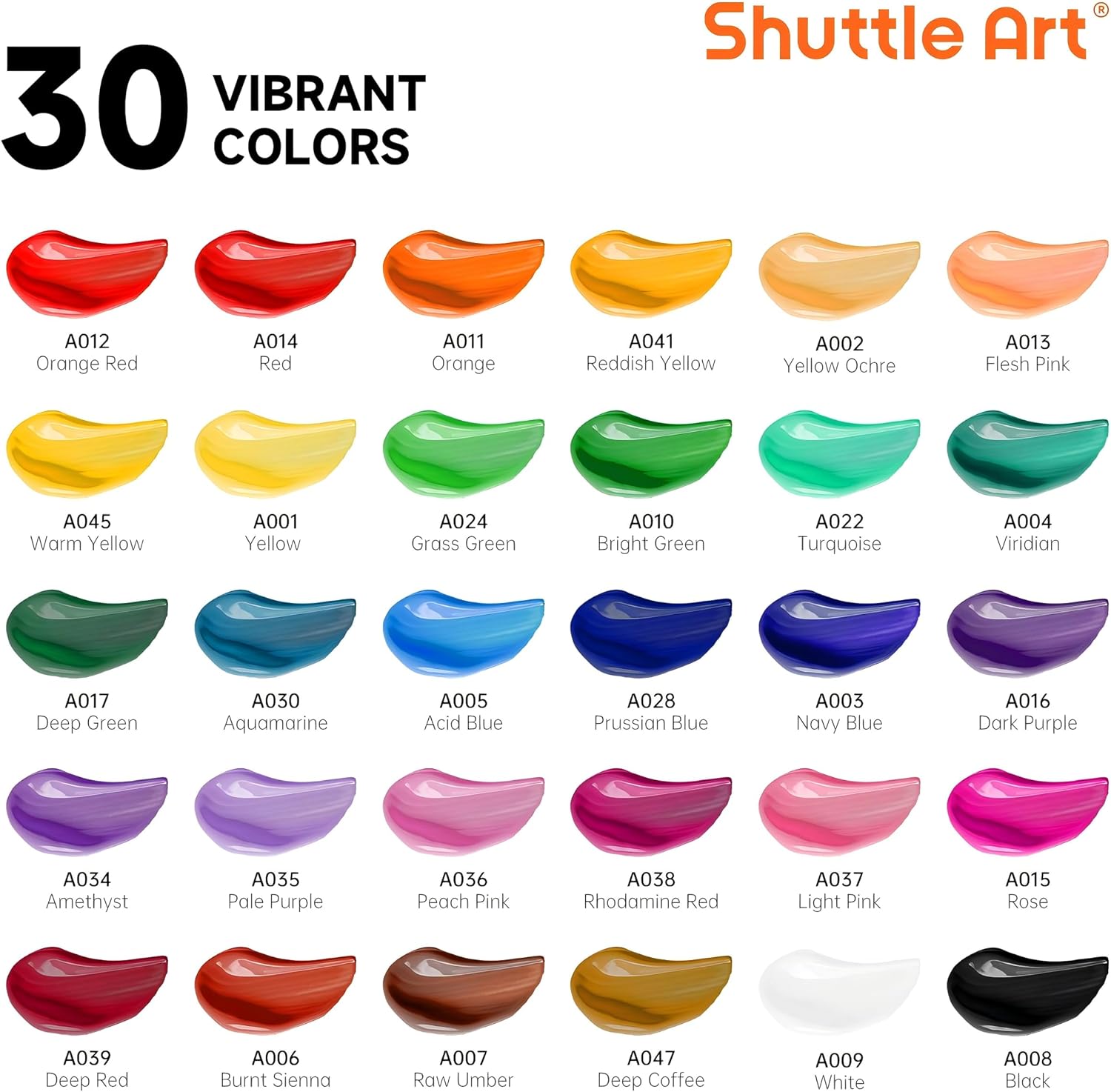 Detalle de Shuttle Art Acrylfarben Set – 30 wasserfeste Acrylfarben (12 ml) mit 3 Pinselsatz