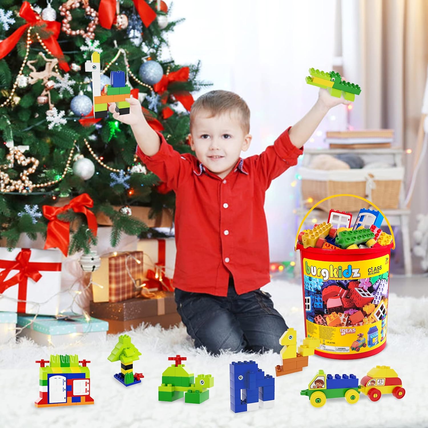 Detalle 2 de burgkidz Classic Große Bausteine Lernspielzeug-Set im Plastikeimer, 214-teilig