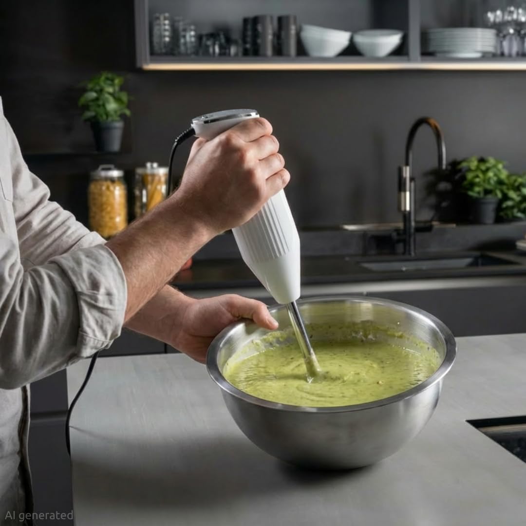 Thumbnail 1 de bamix Stabmixer Set M350 MAXX (300 Watt) mit Multifunktions-, Fleisch- & Gemüsemesser, Quirl und Schlagscheibe – Weiß/Chrom