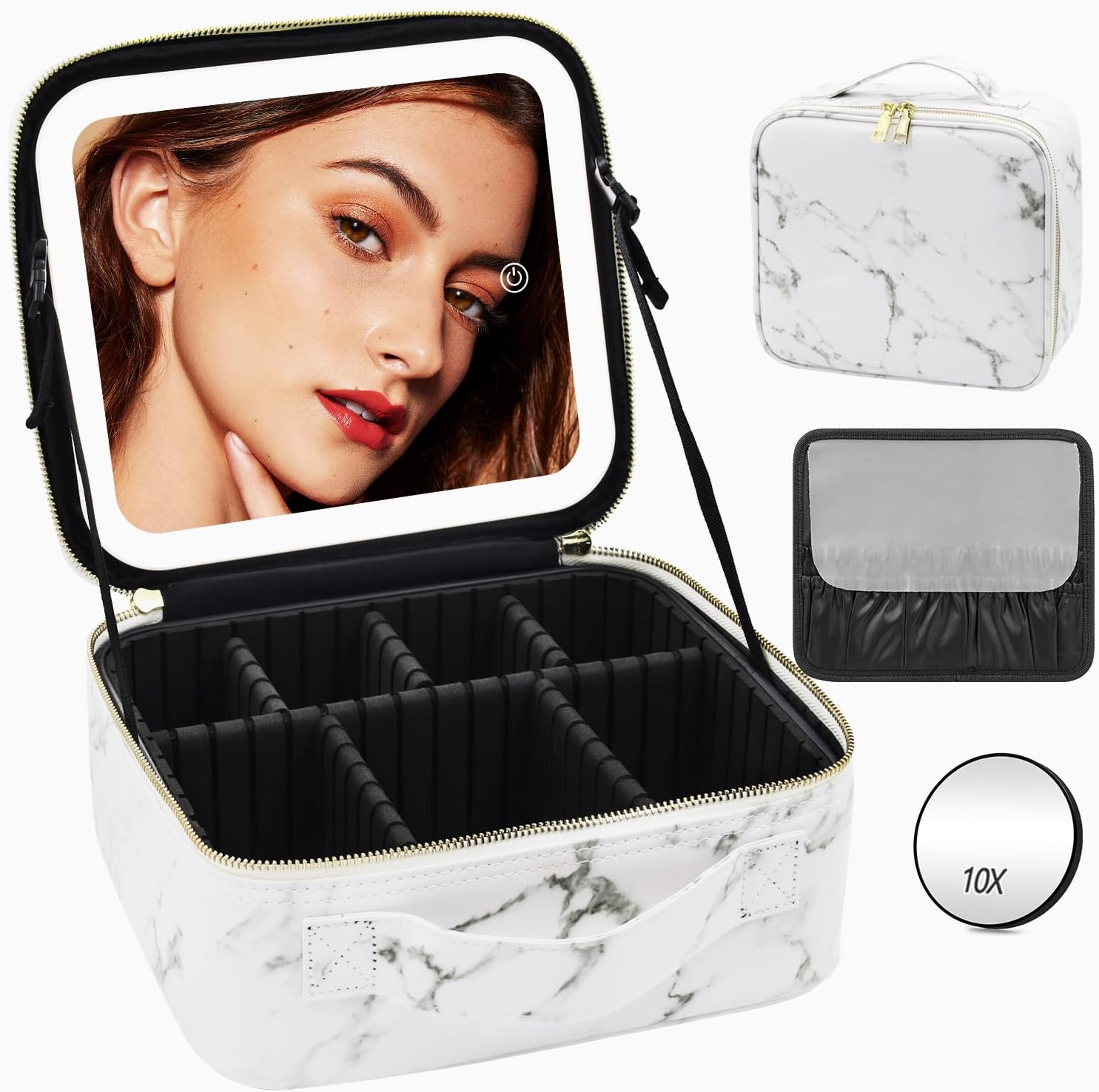 Reise-Makeup-Tasche mit beleuchtetem Spiegel – Große Kapazität, 3-Lichtmodi und wasserdichtes PU-Leder