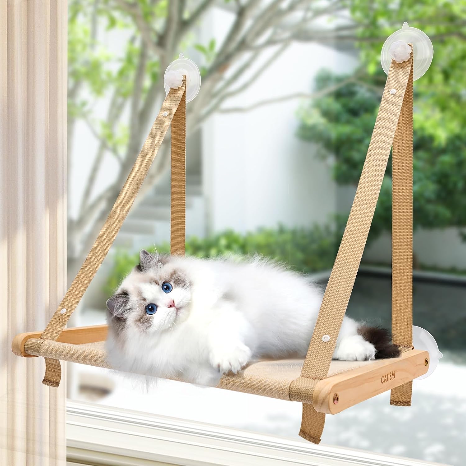 Detalle de CATISM Foldable Cat Window Bed Hammock (up to 20 kg) with Reinforced Perch & Strong Suction Cup, Washable Fabric, 50 x 38 cm