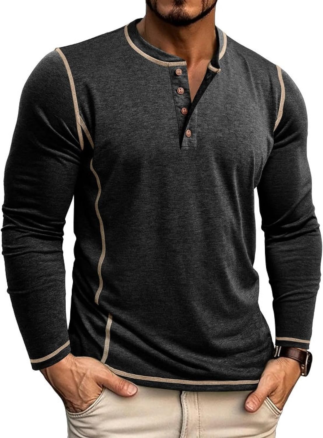 Detalle de LAOARA heren-T-shirt met lange mouwen, Henley-stijl en rolkraag, M-2XL