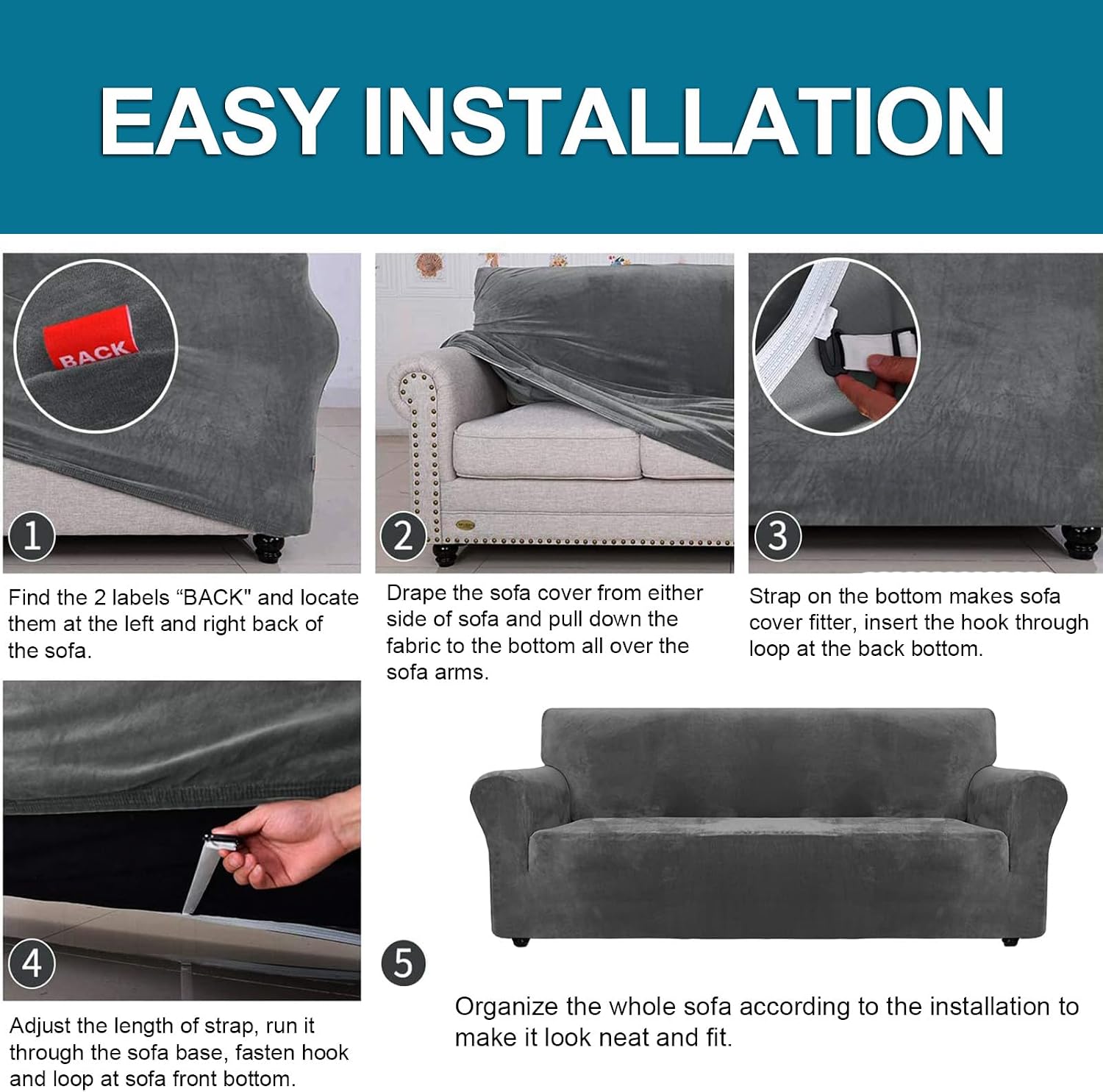 Thumbnail 6 de YSTELLAA housse de canapé en velours extensible 2 places universelle avec accoudoirs – gris