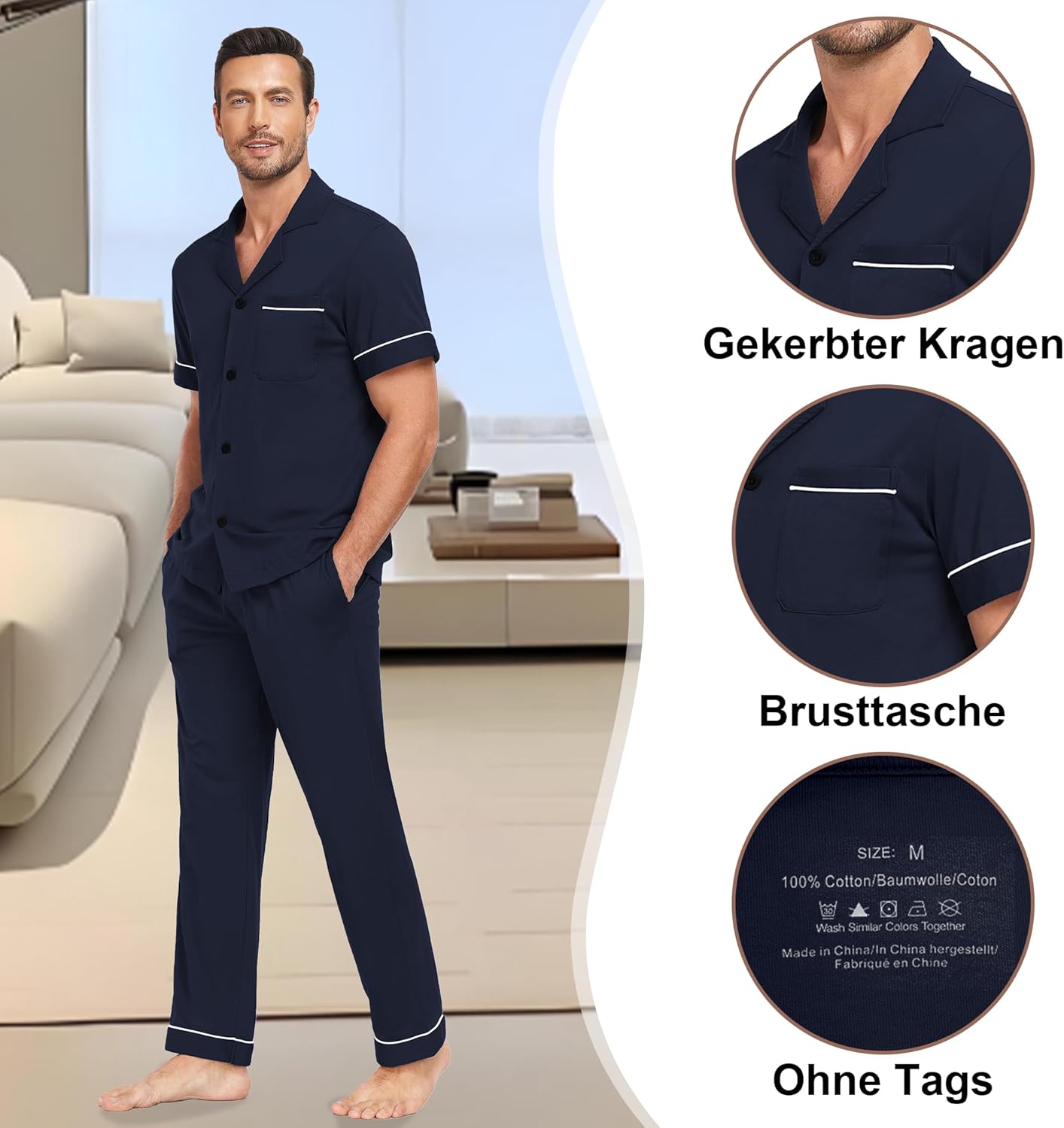 Detalle de EA'S SECRET Schlafanzug-Set aus 100% Baumwolle Herren Kurzarm & Langhose